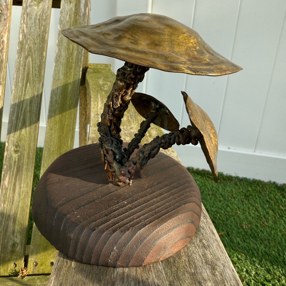 Hand Crafted‎ Copper Mushrooms Sculpture Wood Base Recycled Art Unique